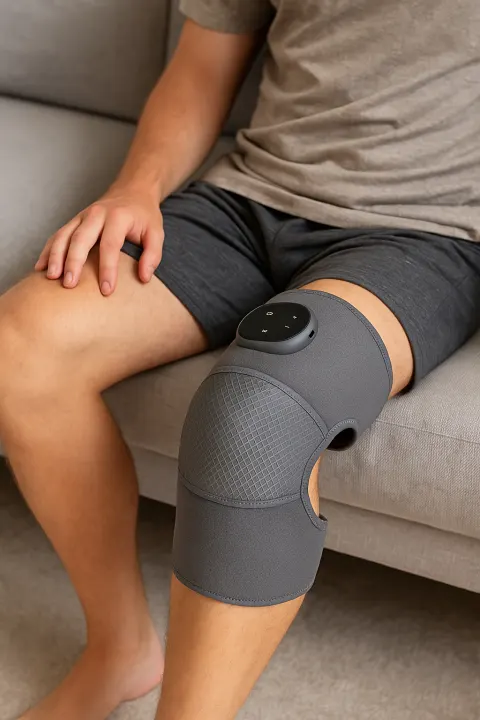 Man relaxing on a sofa wearing the RecovrKnee heated knee massager